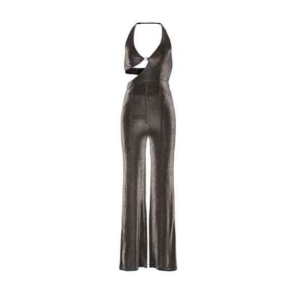 ROTATE Birger Christensen Isha Metallic Black Cut Out Halter V-Neck Jumpsuit 8 - Picture 6 of 15